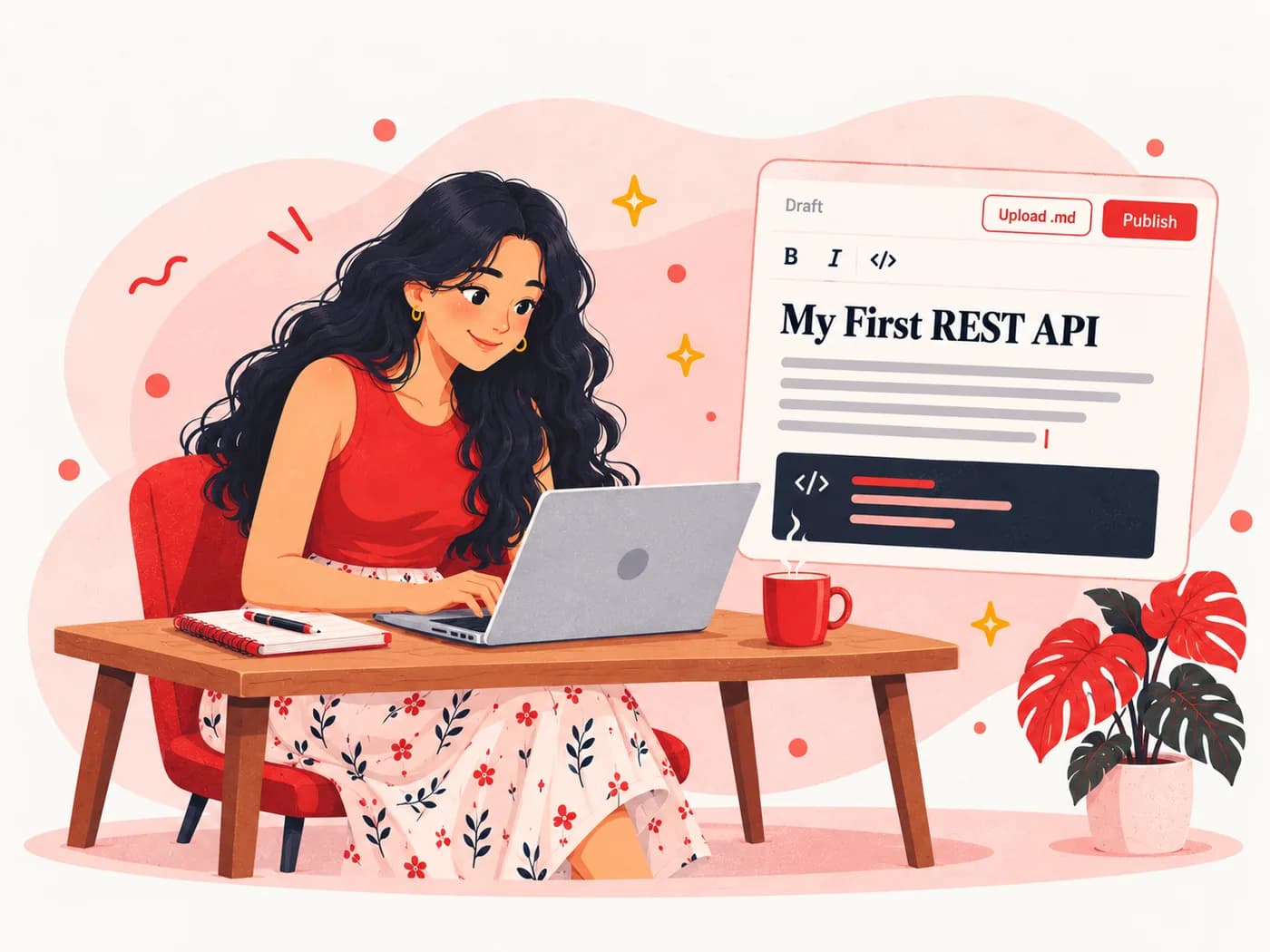 A developer relaxing at her desk, writing a blog post in the DevsJournal editor