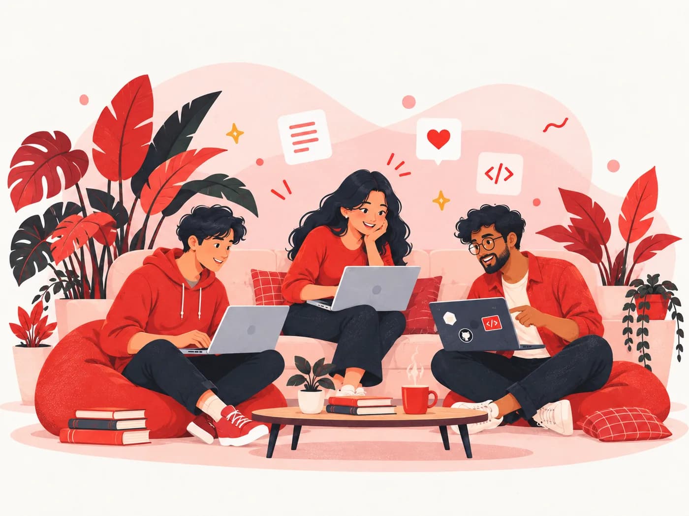 Three developers writing and sharing blog posts together on DevsJournal
