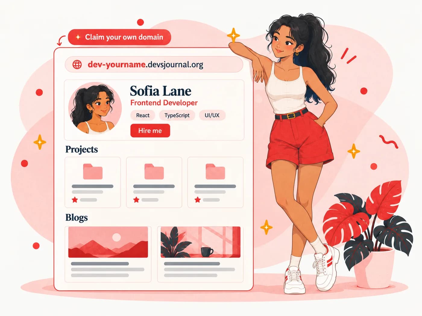A developer leaning on her portfolio website with projects and blogs on her own subdomain
