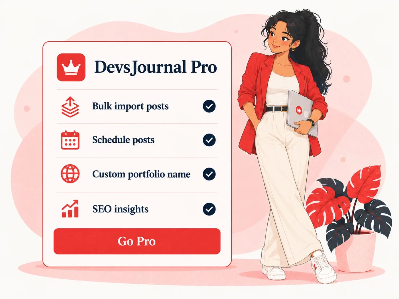 A confident developer next to the DevsJournal Pro card listing bulk import, scheduling, custom portfolio name and SEO insights