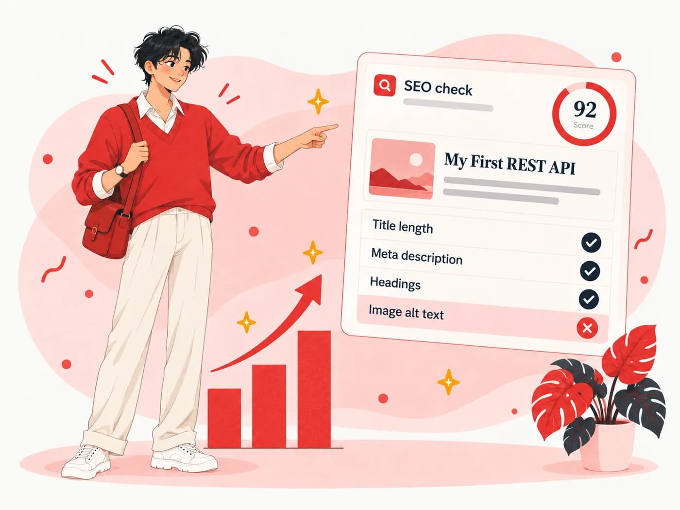 A developer pointing at an SEO check card showing a score of 92 with passed and failed checks