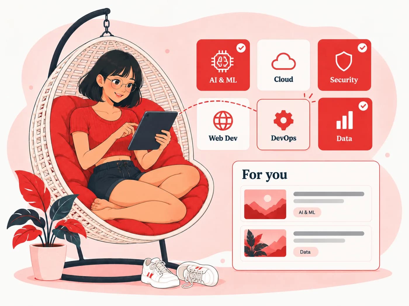 A developer in a hanging chair choosing topics like AI & ML, Security and Data on her tablet