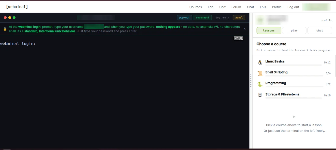 Webminal terminal login screen