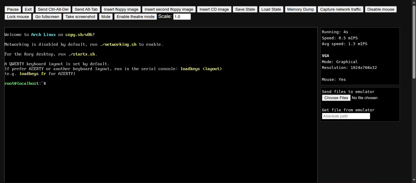 Arch Linux booted in v86
