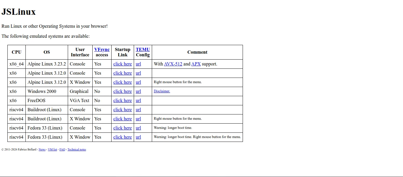 JSLinux list of available systems