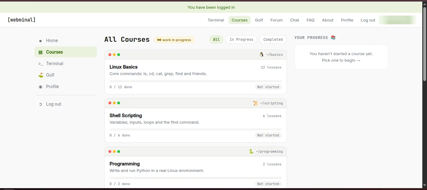 Webminal course list