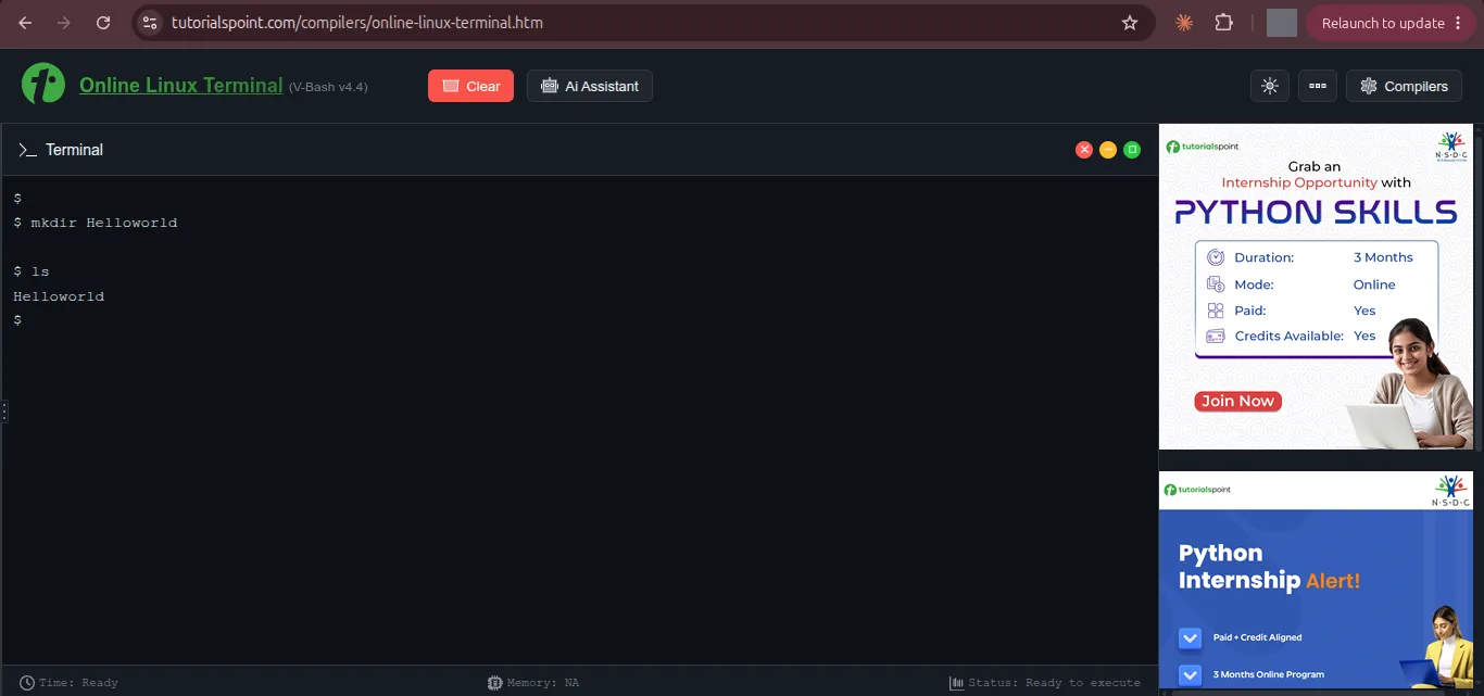 TutorialsPoint online Linux terminal