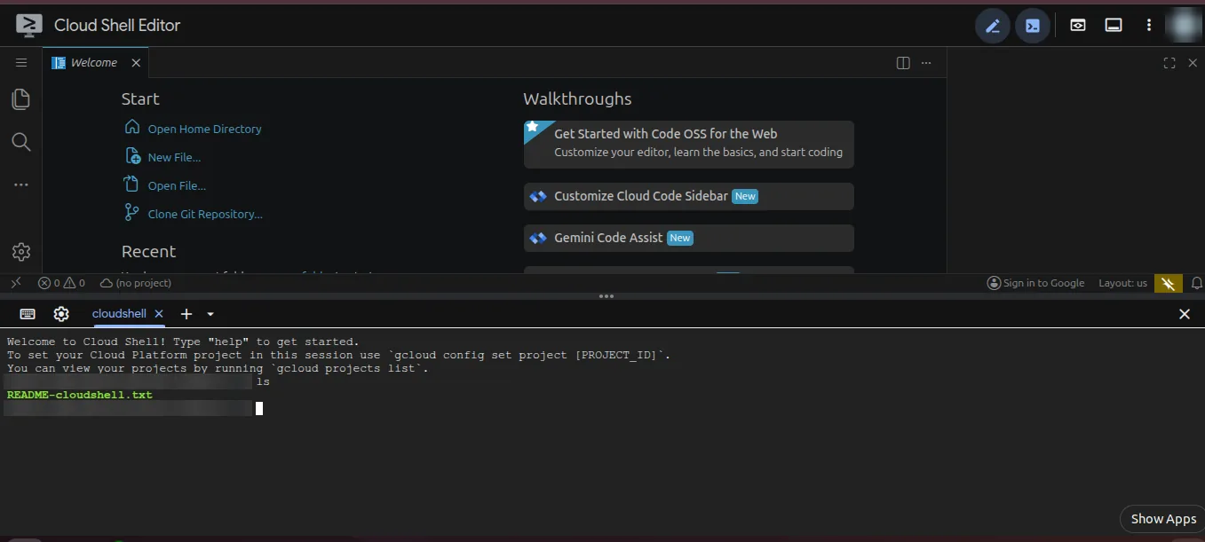 Google Cloud Shell terminal in the browser
