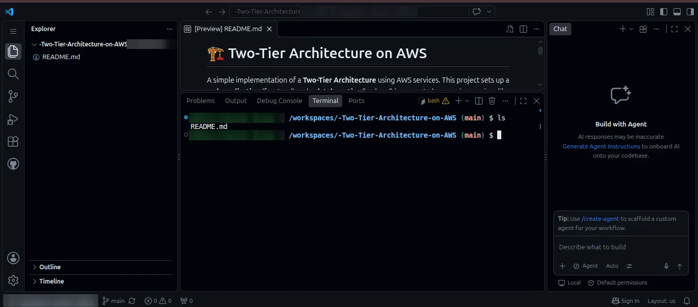 GitHub Codespaces running VS Code with a terminal
