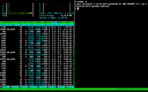 Termux running htop and uname on Android