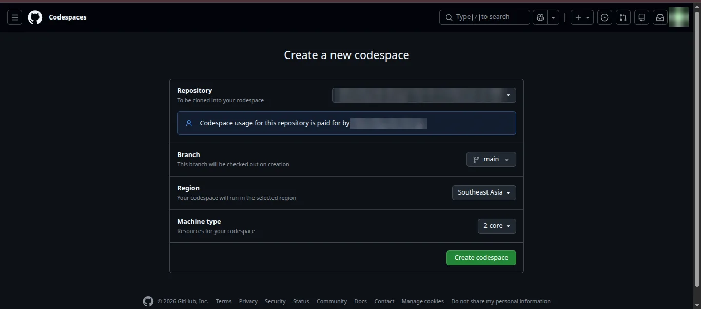 Creating a new codespace on GitHub