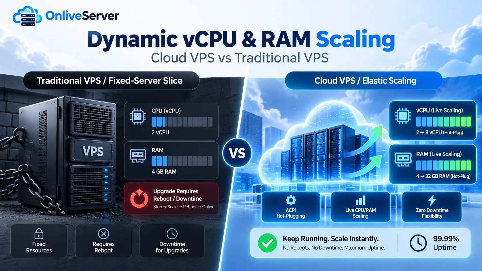 Scaling Without Reboots: Dynamic vCPU and RAM Allocation on Cloud VPS vs Traditional Fixed-Server Slices